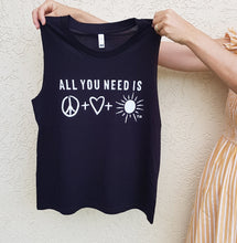Load image into Gallery viewer, TLB all you need is peace love sunshine Adult Women&#39;s Black tank